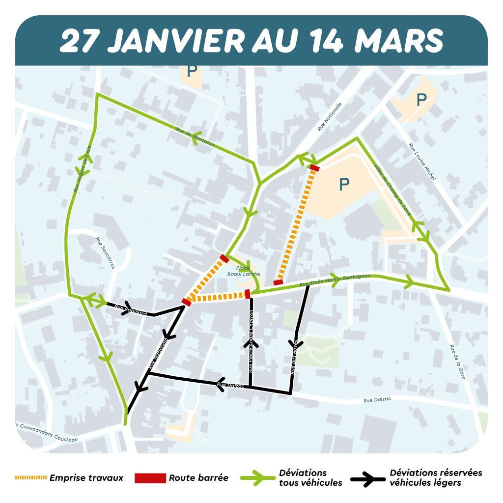 le plan des travaux et de la circulation du 27 janvier au 14 mars 2025